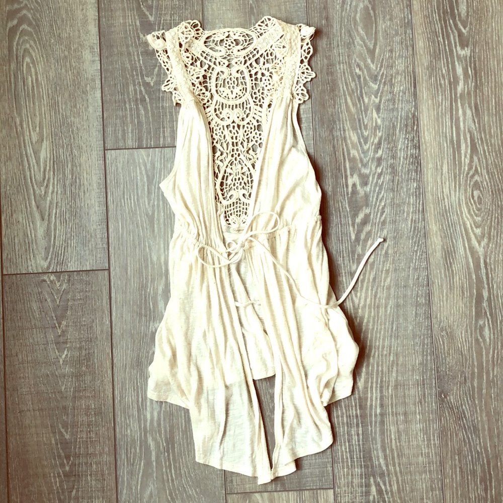 Beige tie top with crochet detail